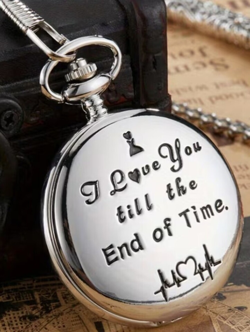 Silver Pocket Watch Necklace with 'I Love You till the End of Time' Engraving